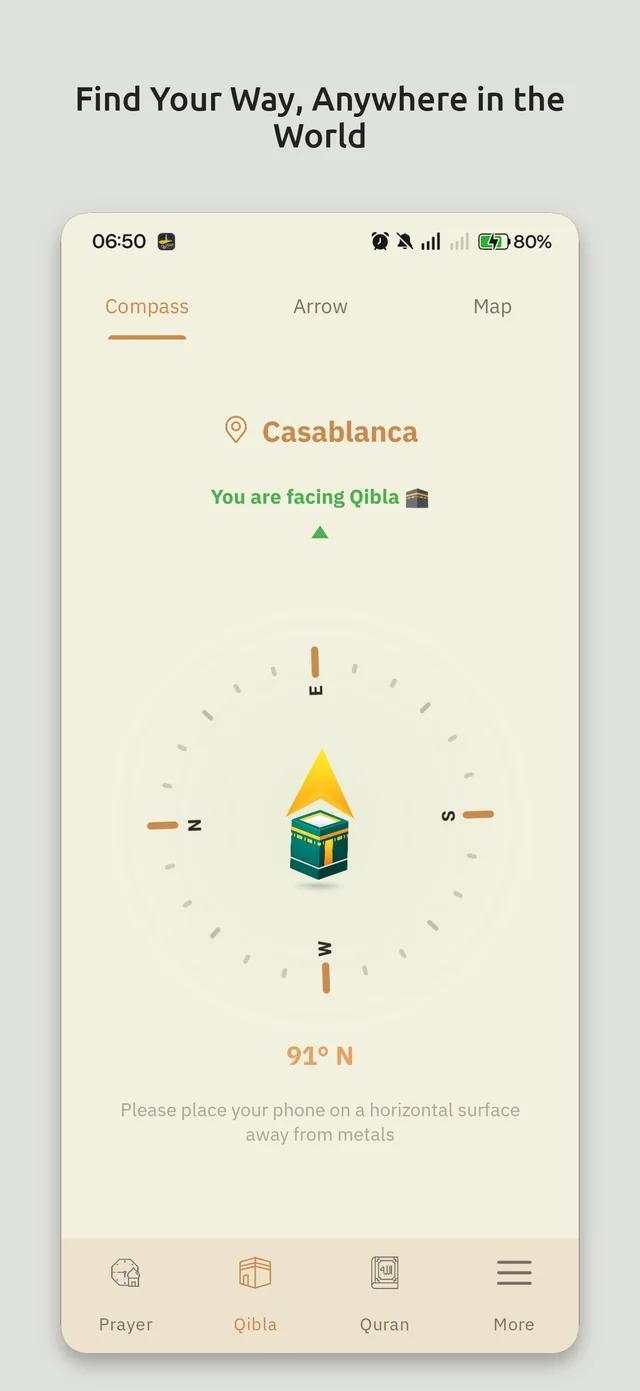 Qibla compass showing that the phone is facing the Qibla