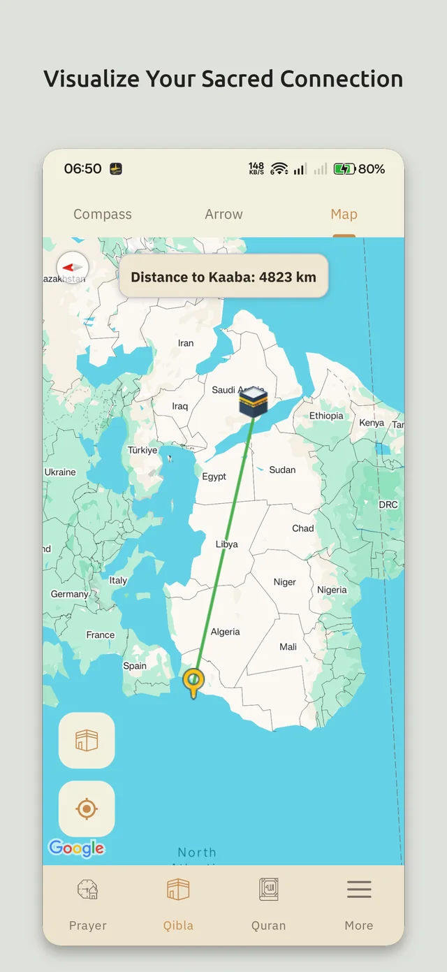 Map view drawing the line to the Kaaba with the distance