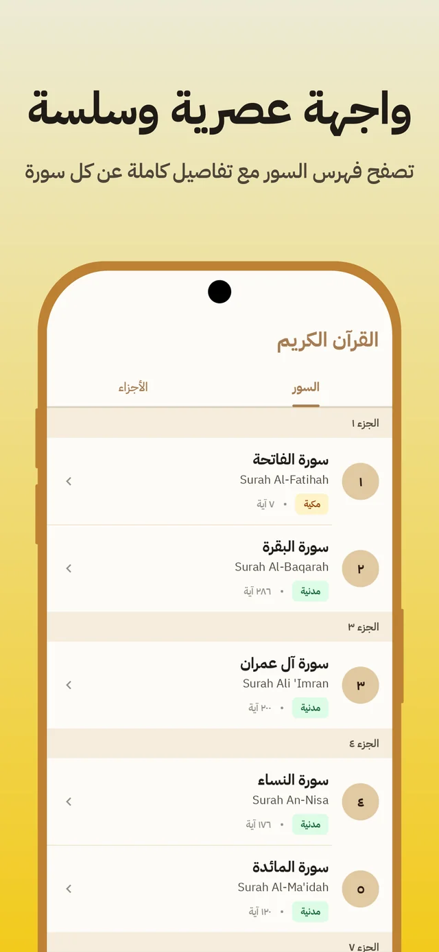 Surah index listing each Surah with its number of verses and place of revelation