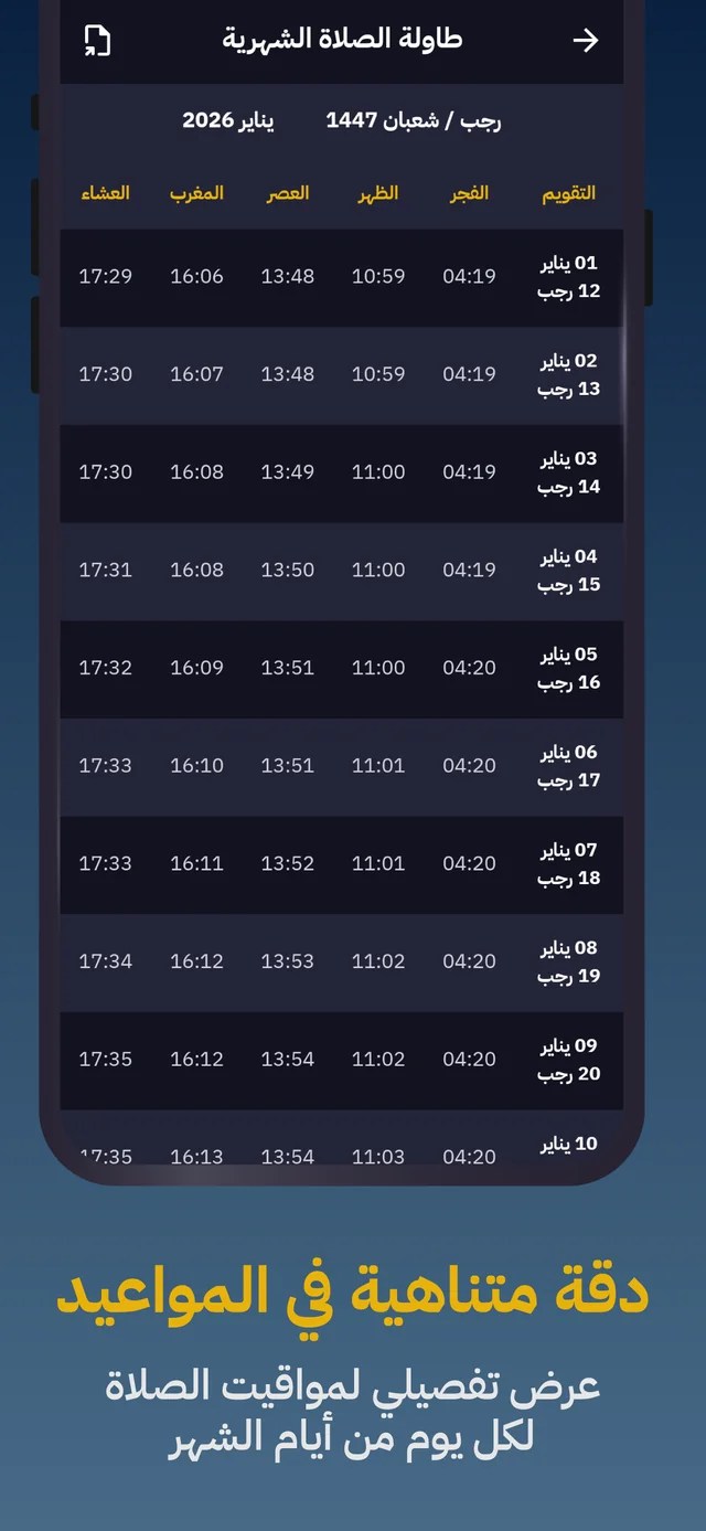 Monthly prayer timetable with all five prayers for each day
