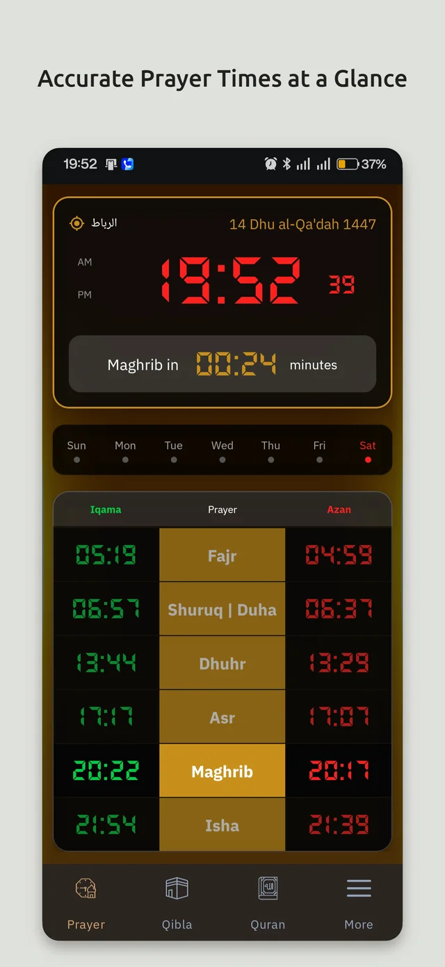 Prayer times shown as a mosque's digital clock, with the countdown to Maghrib