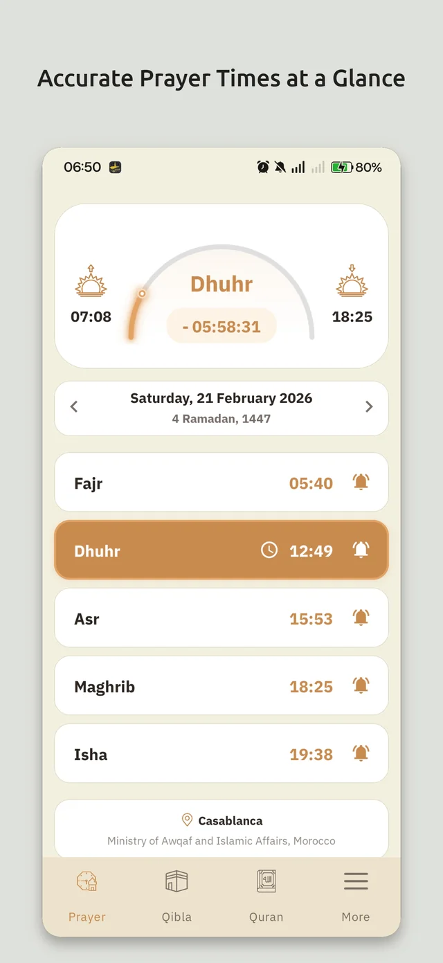 Today's prayer times with the next prayer highlighted and adhan alerts