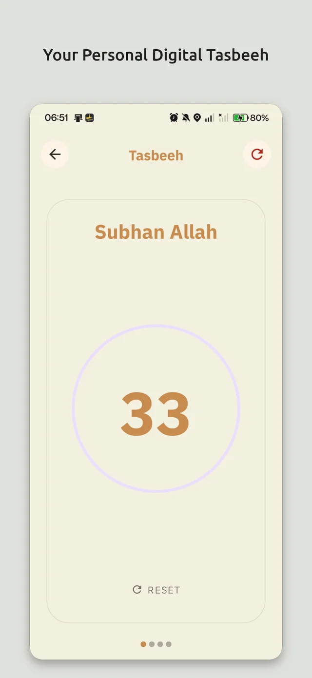 Digital tasbeeh counter showing Subhan Allah, 33